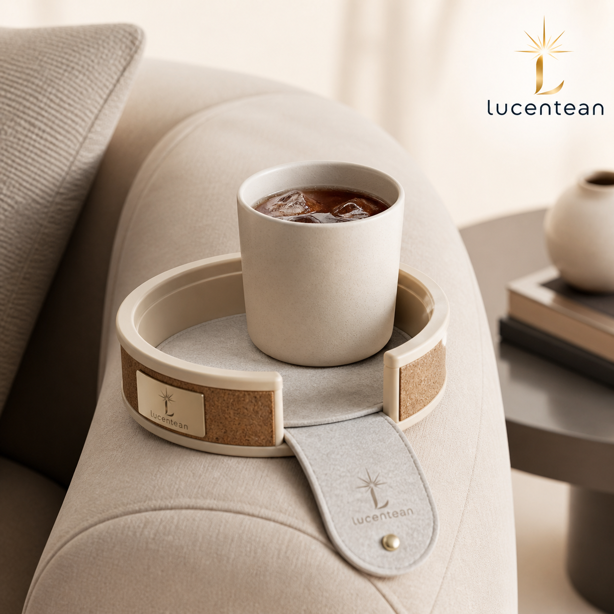Lucentean™ Sofa Arm Cup Halo — Circular Lounge Tray